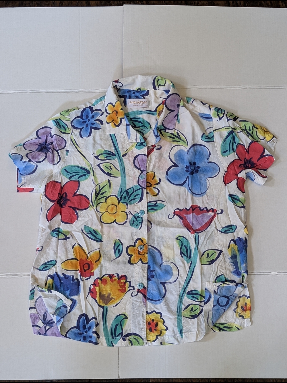 Jams World Hawaiian Shirt women's Large Floral Rayon Button Up. Made in the USA,